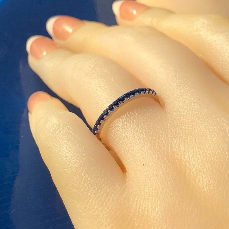 Matching Wedder half eternity band ring anniversary matching ring Wedding Ring Blue Sapphire: Matching band simulated Blue Sapphire