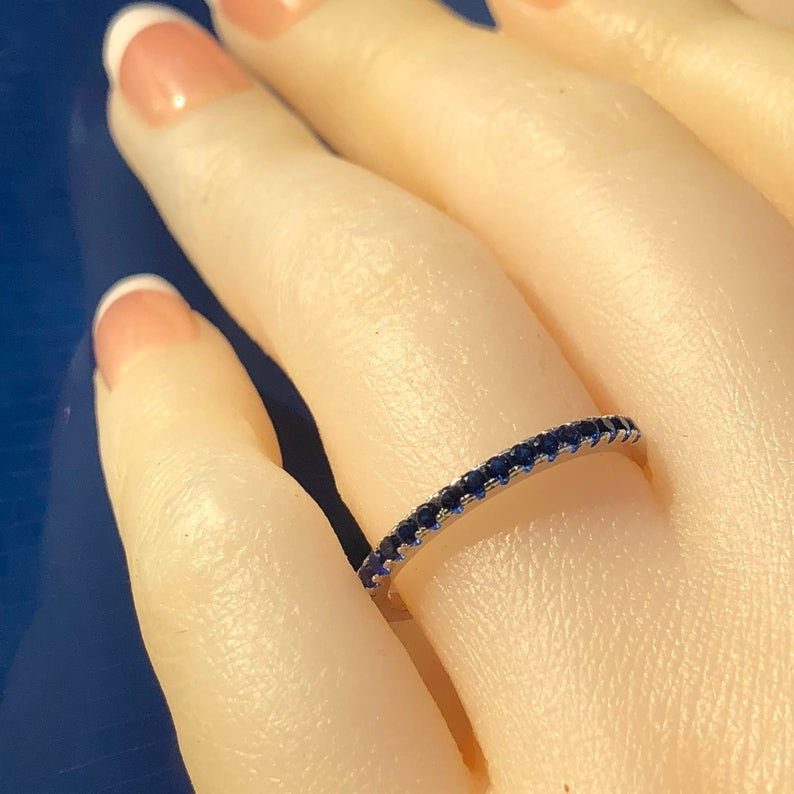 Matching Wedder half eternity band ring anniversary matching ring Wedding Ring Blue Sapphire: Matching band simulated Blue Sapphire