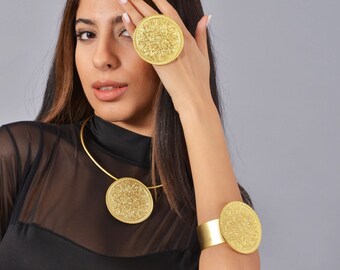 Złota bransoletka i zestaw pierścionków Boho, srebrny regulowany pierścionek z oświadczeniem, srebrna masywna bransoletka, biżuteria w stylu Boho, prezent na dzień matki, prezent dla niej