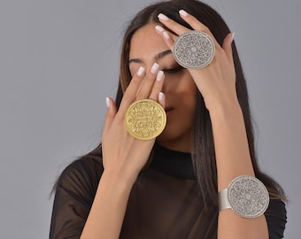Złota bransoletka i zestaw pierścionków Boho, srebrny regulowany pierścionek z oświadczeniem, srebrna masywna bransoletka, biżuteria w stylu Boho, prezent na dzień matki, prezent dla niej