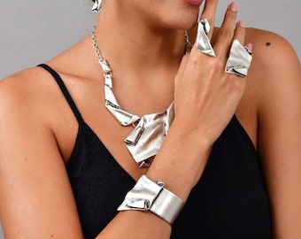 bib necklace online Silver Hammered geometric Asymmetrical Necklace, Gold Statement Chunky Bib Necklace, Modernist Jewelry, Gift for her, Christmas Gift