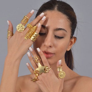 Può includere: Una mano di donna con una varietà di anelli d'oro, tra cui un anello a forma di stella, un anello con un design circolare e un anello con un design geometrico.