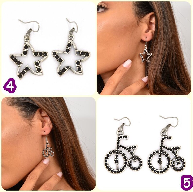 May include: Two pairs of earrings. The first pair features a silver star shape with black rhinestones. The second pair features a silver bicycle shape with black rhinestones.