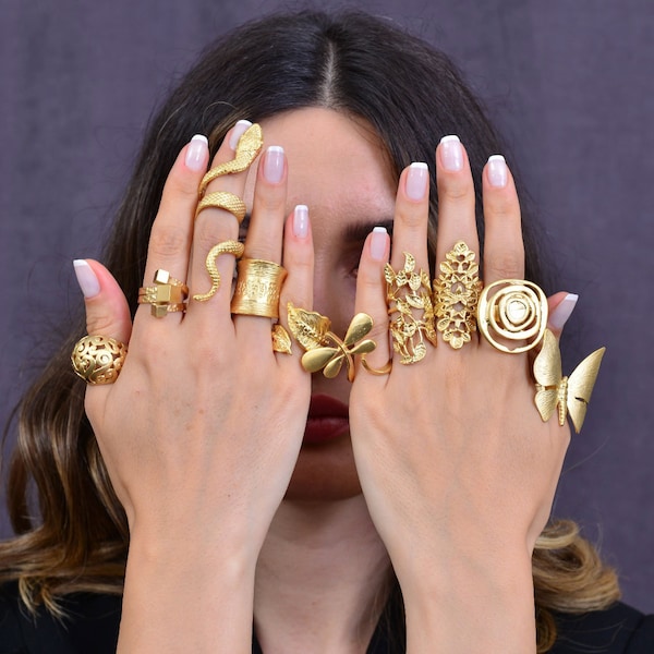 Gold Statement Rings, Adjustable Rings, Boho Style Big Rings, Full Finger, Chunky, Snake, Wide Band, Frog, Scorpio, Knuckle Ring, Long Ring