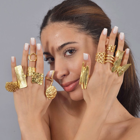 14K Gold Elegant Rectangle Dome Unique Ring, Stylish Boho  display picture 2