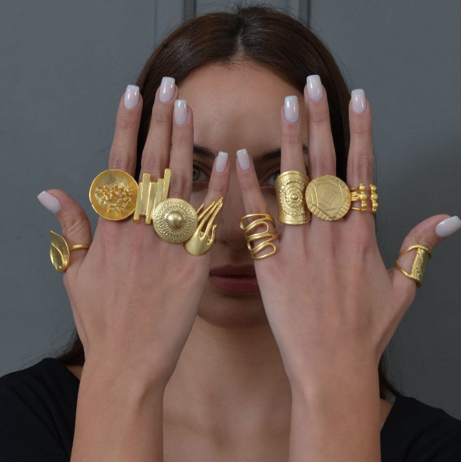 Gold Full Finger Adjustable Inspired Flowery Ring, Large Boho Aesthetic ...