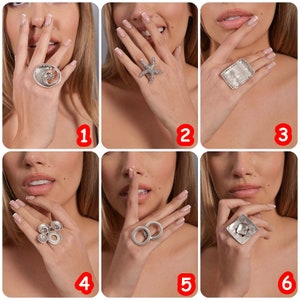 May include: Six different silver rings with unique designs. The rings are shown on a model's fingers.