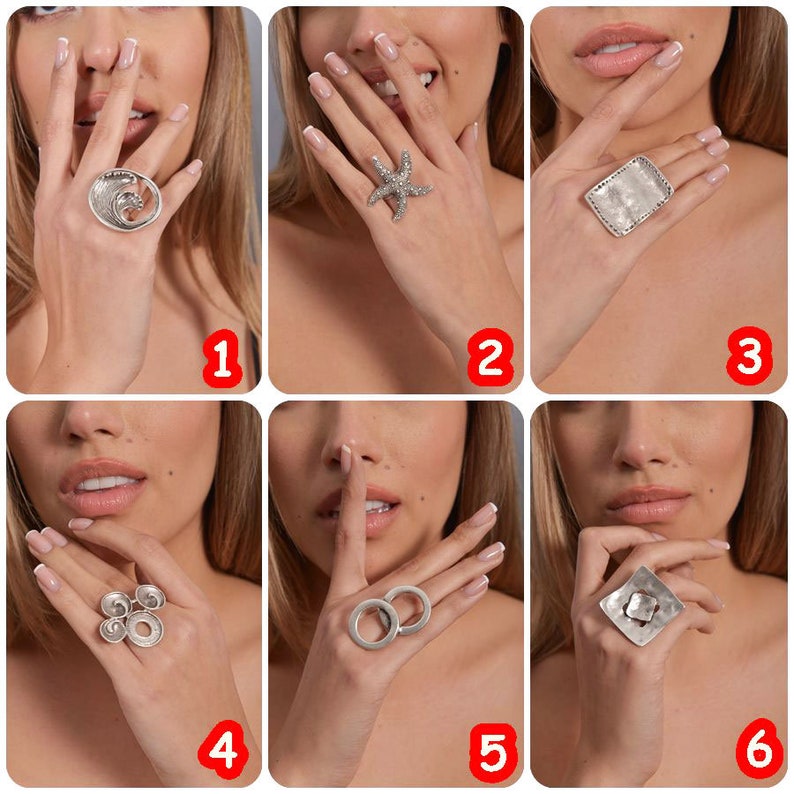 May include: Six different silver rings with unique designs. The rings are shown on a model's fingers.