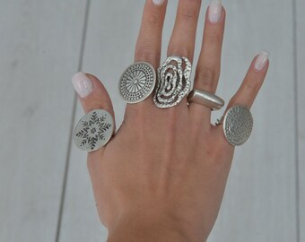 Chunky Perforated Adjustable Statement Ring, Silver Hammered Ring