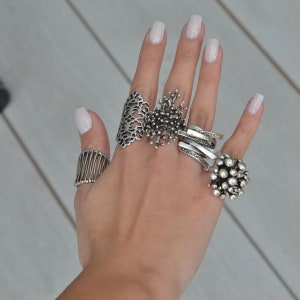 May include: A hand wearing five silver rings. The rings are all different styles, including a delicate floral design, a chunky band, and a cluster of small spheres.