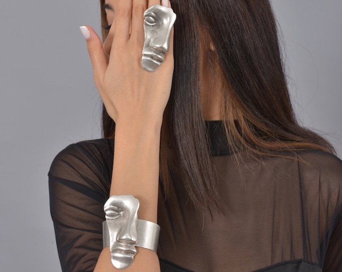 Parure Vintage Moderniste En Argent Massif : Bracelet, Bague, Boucles D'oreilles