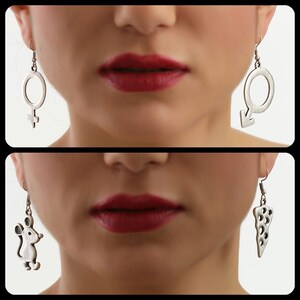 Può includere: Orecchini color argento in una varietà di modelli. Un paio presenta il simbolo femminile, un altro il simbolo maschile. Altri paia includono un topo e una fetta di formaggio. Gli orecchini sono sospesi da semplici ganci.