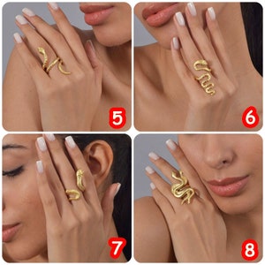 May include: Four close-up images of a gold snake ring. The ring is worn on the index finger of a hand with manicured nails.