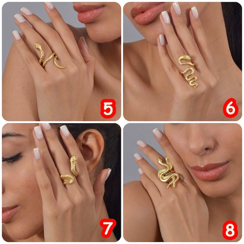 May include: Four close-up images of a gold snake ring. The ring is worn on the index finger of a hand with manicured nails.