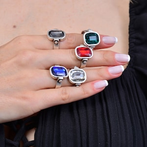 Hammered Birthstone Stack Ring, Adjustable Engagement Cocktail Swarovski crystal ring, Gift for girlfriend, Christmas gift, Black friday