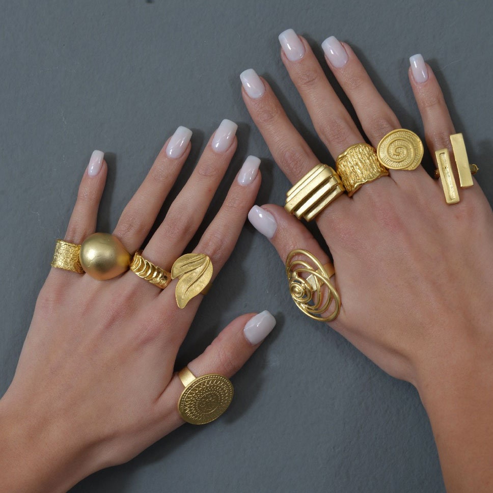 14K Gold Elegant Rectangle Dome Unique Ring, Stylish Boho Dainty Signed ...