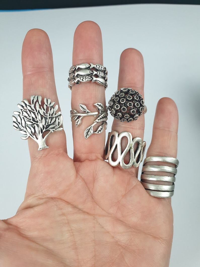 Antique Bohemian Greek Style Hammered Ring Accessory Christmas Gifts For Her Leaf Spiral Flowered Key Figured Silver Adjustable Ring