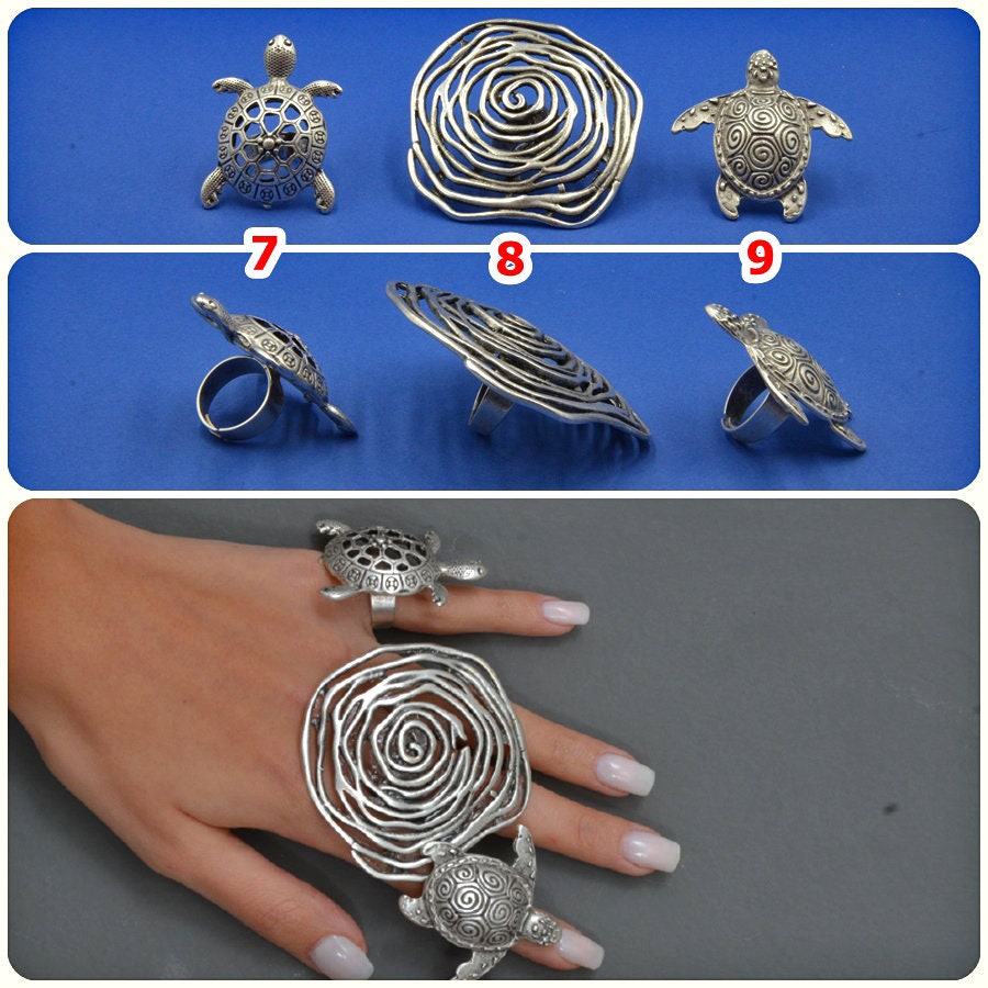 Large Silver Hypnotic Ring, Nature Leaf Ring, Cute Caretta