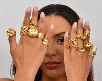 Large Gold Ring Gold Long Ring Oval Wide Leaf Adjustable Gold Rings for Women Poison Ivy Leaf Vintage Boho Engraved Rings Statement Ring