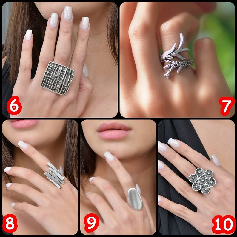 May include: Five different silver rings with unique designs. The rings are shown on different hands.