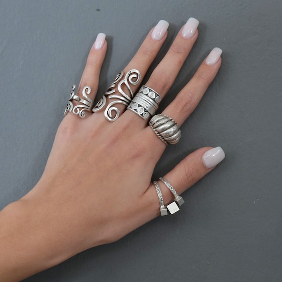 Adjustable Boho Rings, Statement Rings, Chunky Silver Rings, Leaf