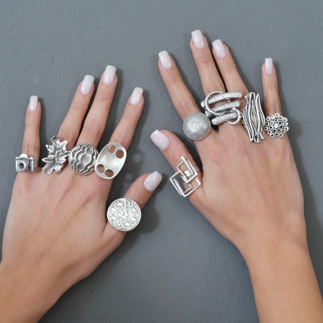Adjustable Boho Rings Statement Rings Chunky Silver Rings Leaf