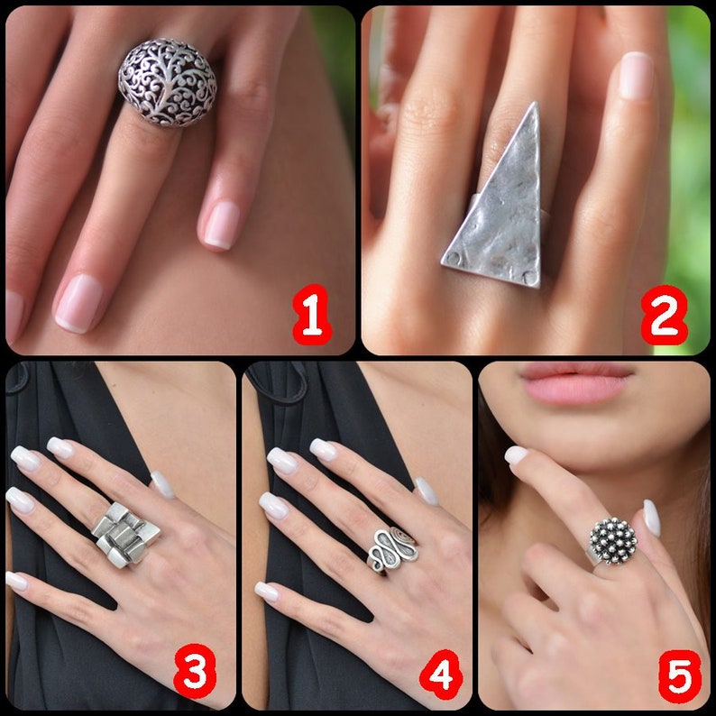 May include: Five different silver rings with unique designs. The rings are shown on different hands. The rings are all made of silver and have a variety of designs, including a tree, a triangle, a geometric shape, a swirl, and a cluster of small balls.