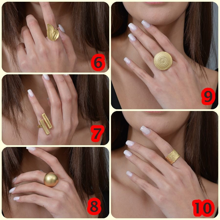 14K Gold Elegant Rectangle Dome Unique Ring, Stylish Boho Dainty Signed ...