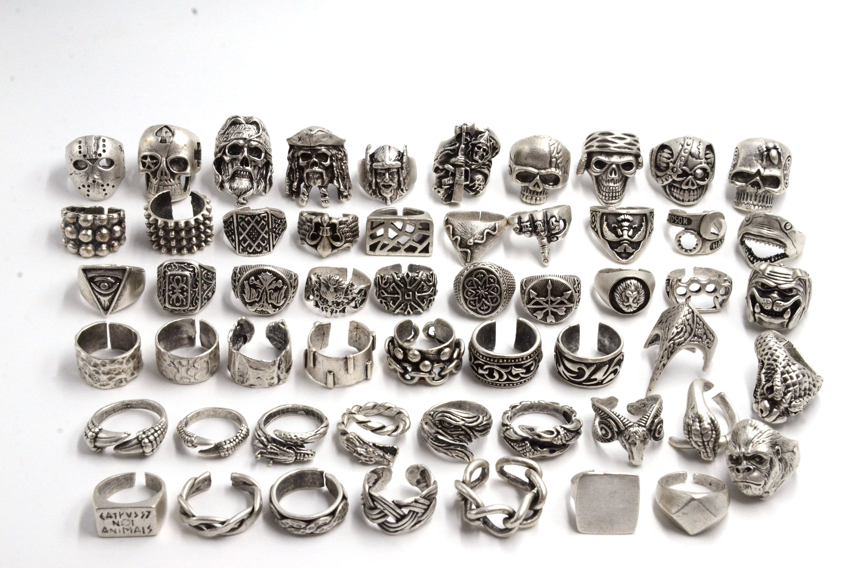 Silver Adjustable Men Ring, Silver Chain Ring, Silver Skull