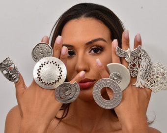 Silver Statement Large Adjustable Chunky Rings, Boho Style Oversize Rings, Big Hippie Rings, Christmas gift, Knuckle Ethnic Full finger ring