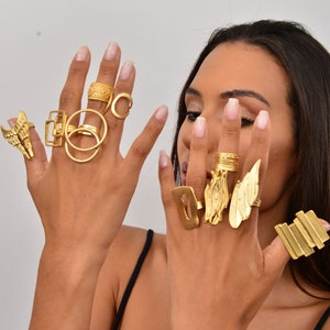 Geometric gold stylish ring Statement 14kt gold chunky rings Bold dome gold ring Parallel gold ring Simple big gold ring Stackable gold ring