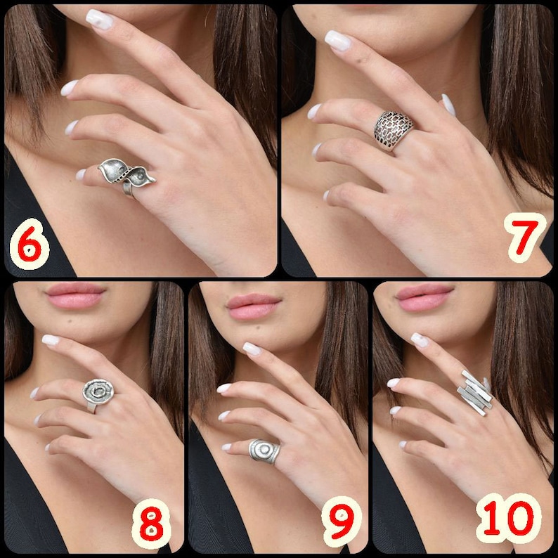 May include: A set of silver rings with different designs. The rings are shown on a model's hand.