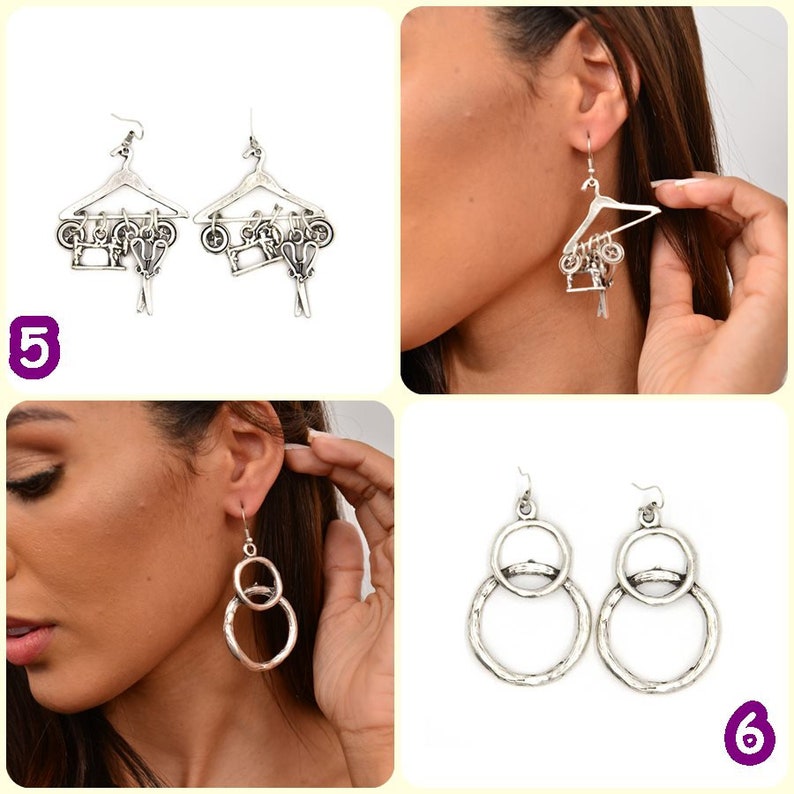 May include: Two pairs of silver earrings. The first pair features a hanger with a motorcycle and scissors hanging from it. The second pair features two interlocking circles.