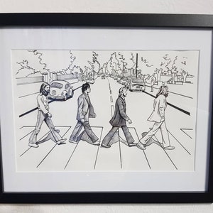 A3 print of pen drawing.   The Beatles, Abbey road.