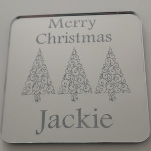 Merry Christmas Coaster Laser Engraved Mirrored Acrylic Free Personalisation with Three Trees Image