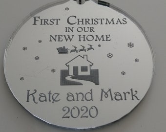First Christmas In Our New Home  Mirrored Acrylic Bauble Shaped Decoration Personalized Name(s) 2023