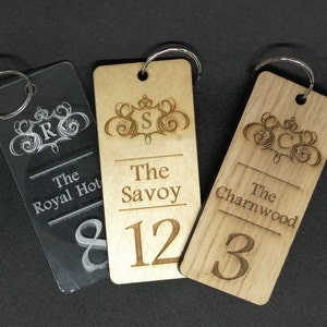 Quality Personalised Key Fobs (Large) Hotel-Guesthouse-Office-Business Laser Engraved with Name plus Room Number(s) complete with Keyrings