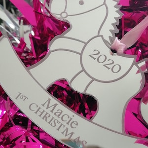 Babys 1st Christmas Rocking Horse Shaped Mirrored Acrylic Hanging Tree Decoration