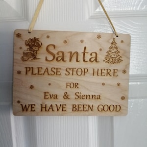 Santa Please Stop Here Door Hanging Birchwood Plaque Uniquely Personalised for Free