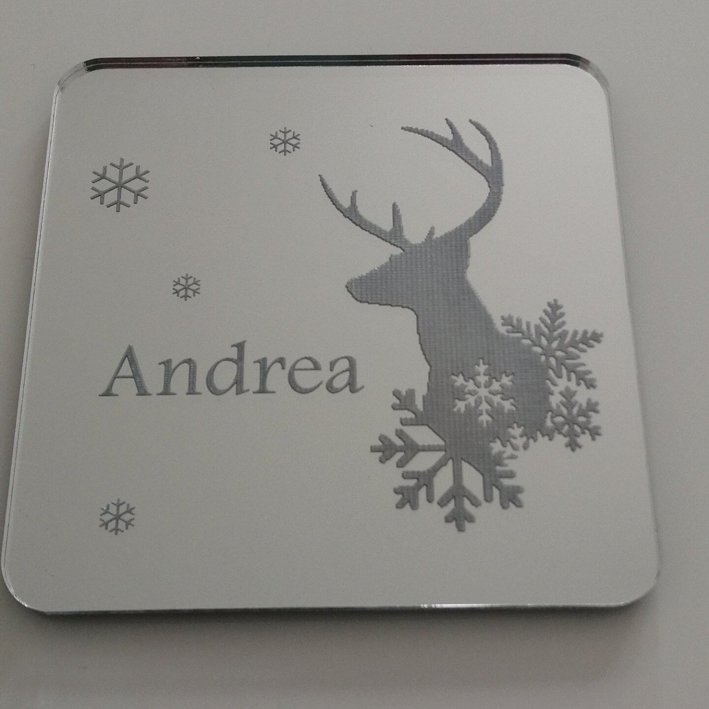 Coaster made from Mirrored Acrylic Laser Engraved with Stag's Head Image Plus Any Name(s) or Wording