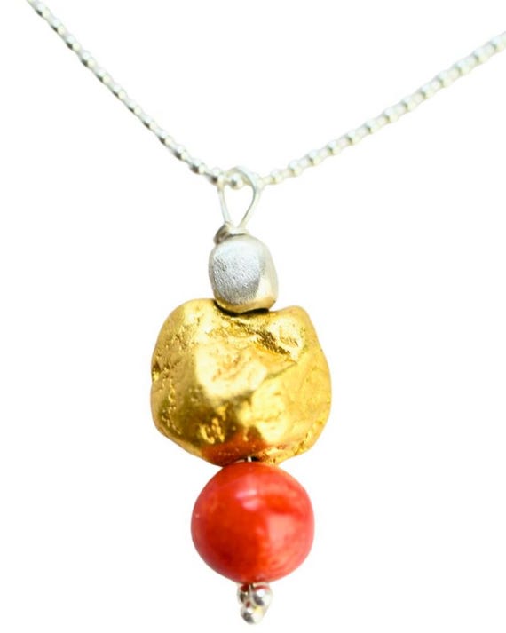 Pendentif Plaqué Or Avec Zirconia Et Pierre (corail?) - Occasion Très Bon état - Style Vintage