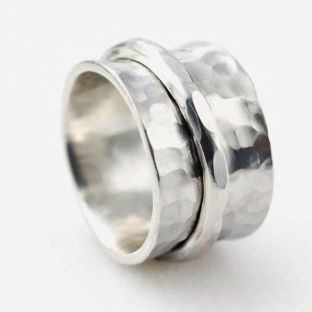 Wide Hammered 925 Silver Ring With Rotating Ring Band - Etsy