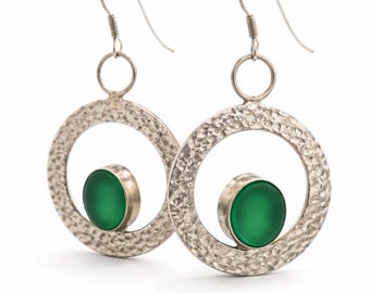 Green Agate Earrings 925 Silver – Hammered Hoop Earrings – Handmade Gemstone Jewelry