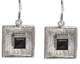 Square Silver Earrings with Smoky Quartz