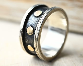 Oxidized Silver Ring with 333 Gold Circles
