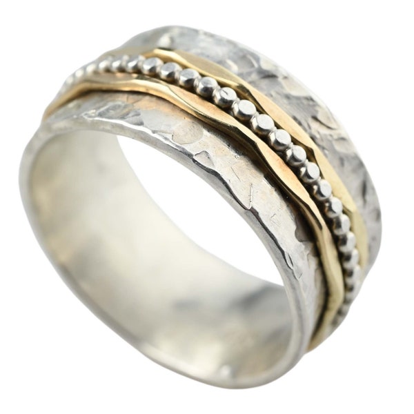 Bicolour ring with rotating bands made of 925 silver and 375 gold