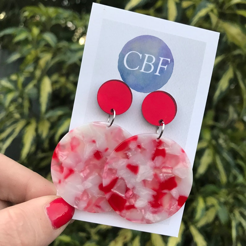 Marble Red And White Acrylic Dangles Etsy