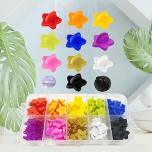 May include: A clear plastic storage box with 10 compartments filled with colourful star-shaped pins. The pins are in various colours, including red, yellow, blue, green, purple, white, and black.