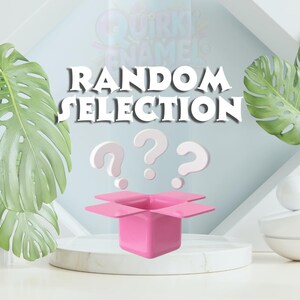 Può includere: Una scatola rosa con il coperchio aperto, che rivela un interno vuoto. Tre punti interrogativi galleggiano sopra la scatola, suggerendo una selezione casuale o un articolo misterioso. Il testo "RANDOM SELECTION" è visualizzato sopra la scatola.