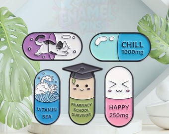 Grappige emaille pins: Happy Pills & Chill Pill-badges